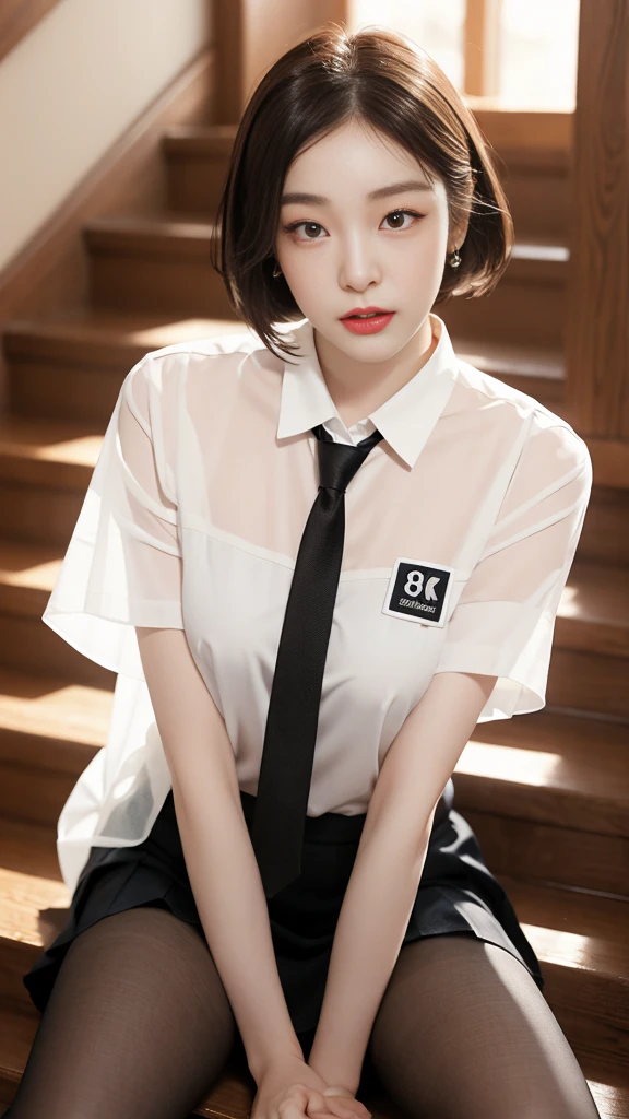 Korean 、summer shirt、Tight shirt、Ribbon Ties、skirt by the、schools、stairs at school、chest lifting pose、Emphasis on the chest、Slender and large、8K raw photos、A high resolution、18-year-old Korean、embarrassing looking、very large round breasts、Beautiful eyes finely detailed、long eyelasher、beautiful double eyelid、eye shadows、eyeline、slender eyes、Elongated eye shape、Sanpaku eyes、beautiful and thin legs、Beautiful slender thighs、Random Shorthair、Tie your hair behind your head、耳Nipple Ring、Light brown hair、(Wear pantyhose)、Hold your knees,short hair, fishnet stocking