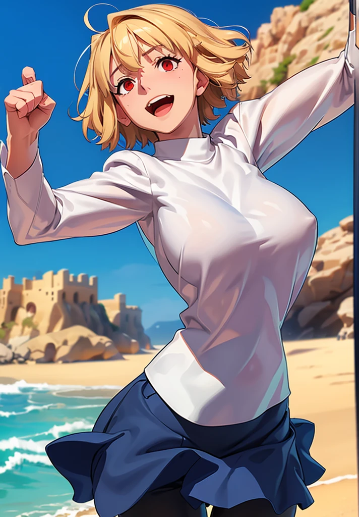 masterpiece,best quality,Arcueid,red eyes,short hair,1 girl,solo,skirt,breasts,looking at viewer,open mouth,white blouse,blue skirt,blouse,outdoor blouse,short blouse,big breasts,pleated skirt ,miniskirt,:d,day,beach,sand,sun,blush,