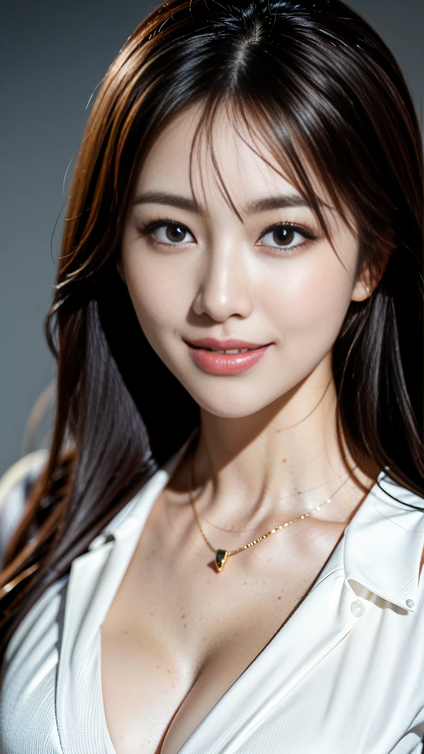 Tabletop, Highest quality, Realistic, Very detailed, finely, High resolution, 8k wallpaper, One beautiful woman,, Light brown messy hair, Wearing a business suit, Sharp focus, Perfect dynamic composition, Beautiful and detailed, Thin Hair, Detailed Realistic skin texture, smile, Close-up portrait, Model Body Type、Big Breasts、Reality