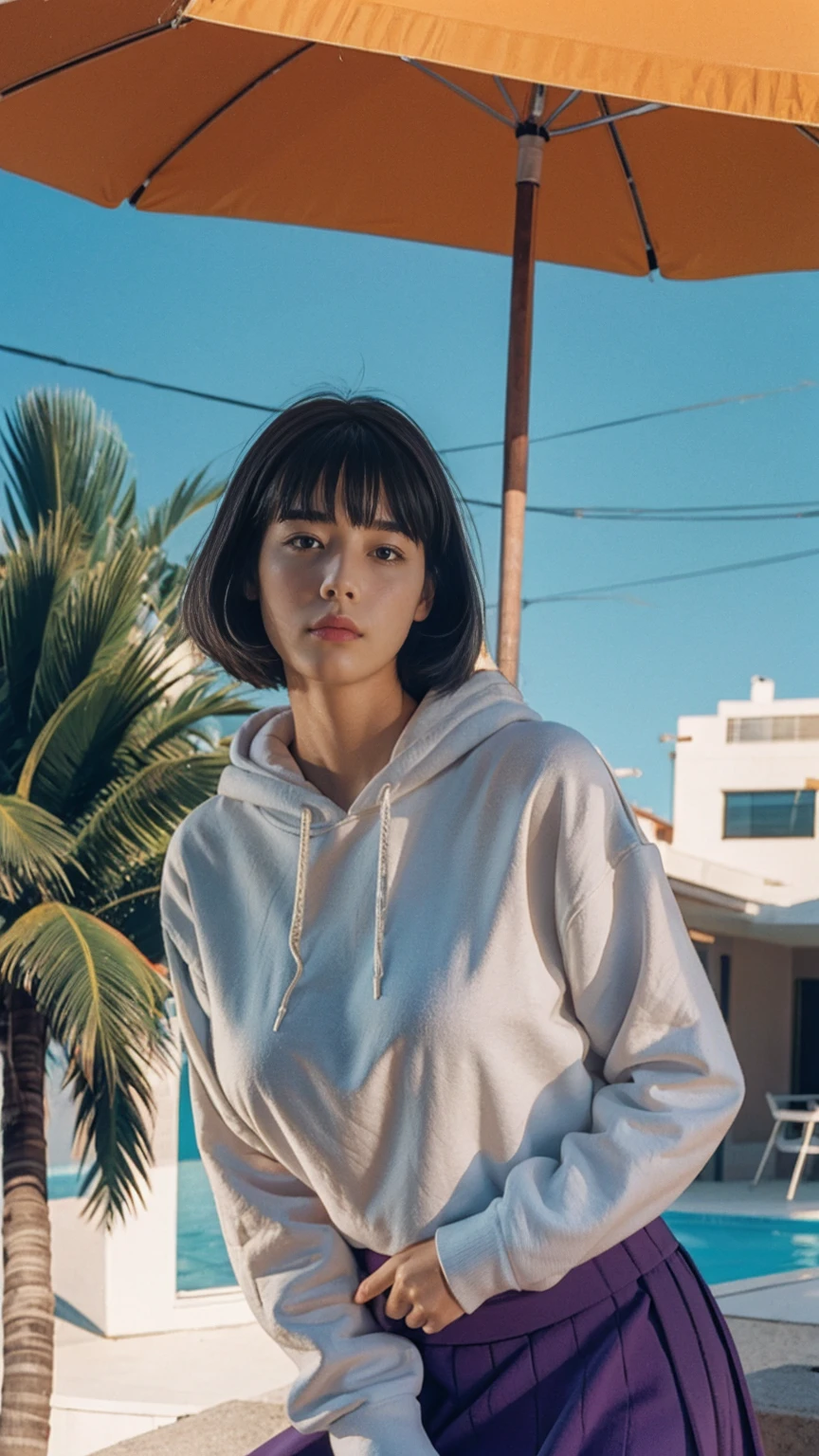 long shot portrait of cute 23 yo girl, (natural big breast) ,wear ((orange color oversized hoodie)), wear ((purple tennis skirt)),looking front,Best Quality,Masterpiece,Ultra High Resolution,(Realisticity:1.4),Original Photo, 1Girl, light leak,ultra high resolution,UHD,beautiful, (black bob hair), almond eye, no makeup, in front of (80's mondrian architecture motel), (realistic:1.2), (surreal:1.3), (very detailed:1.1), ((masterpiece)),summer, blue sky, palm trees,sunny, los angles vibes,film camera, 800mm lens,style of Philip Lorca diCorcia