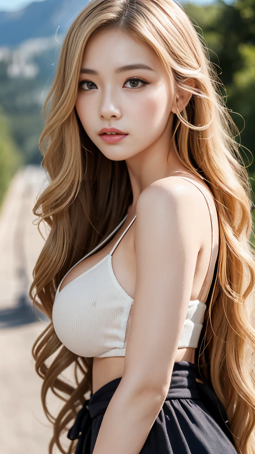 ((((blonde、Super long hair、とてもLong Hair、Wavy Hair、blonde、Look forward、Nordic)))))))、blonde、Tabletop, Highest quality, Photorealistic, In detail, High resolution, 8k wallpaper, Perfect dynamic composition, Beautiful attention to detail, Long Hair, Big ample breasts、24-years-old、(Droopy Eyes 1.4)、Adult Beauty、Japanese、Big Breasts