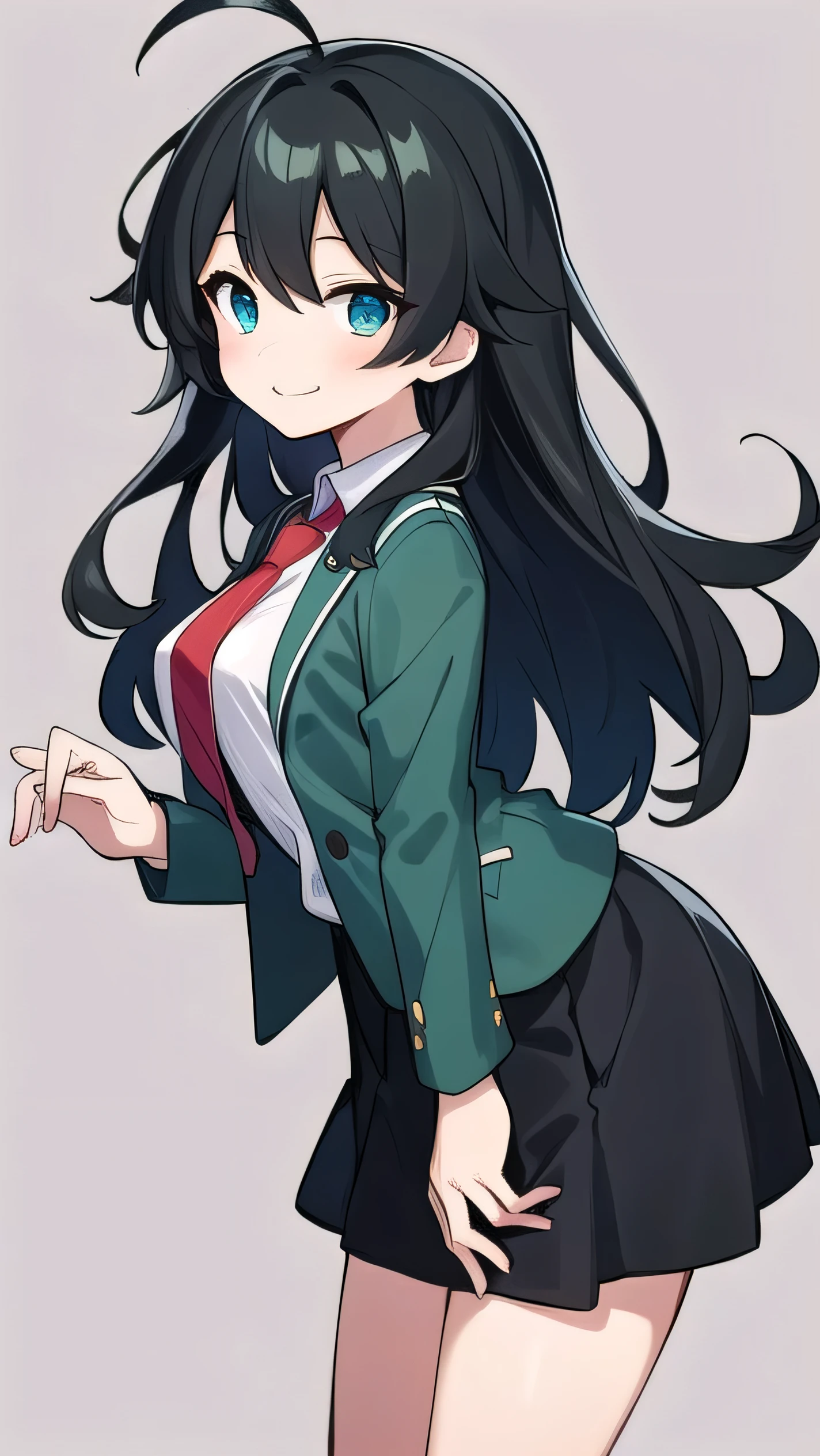Junior high school student who looks like an elementary school student, 10 years old, very short, 140 cm tall, black hair with a slight green tinge, short ahoge, beautiful long hair but with a little hair sticking out, beautiful round eyes, blue eyes, smile, boyish, long sleeves, Thick clothes, skirt, big breasts, hair longer than waist, long hair, childish face, gentle smile, a little shy, black skirt, black hair with a slight green tinge, boyish, gentle smile, jacket one size larger, ( Deep greenish black hair: 1.3), dark green jacket, white shirt, (red tie:1.5), black skirt
