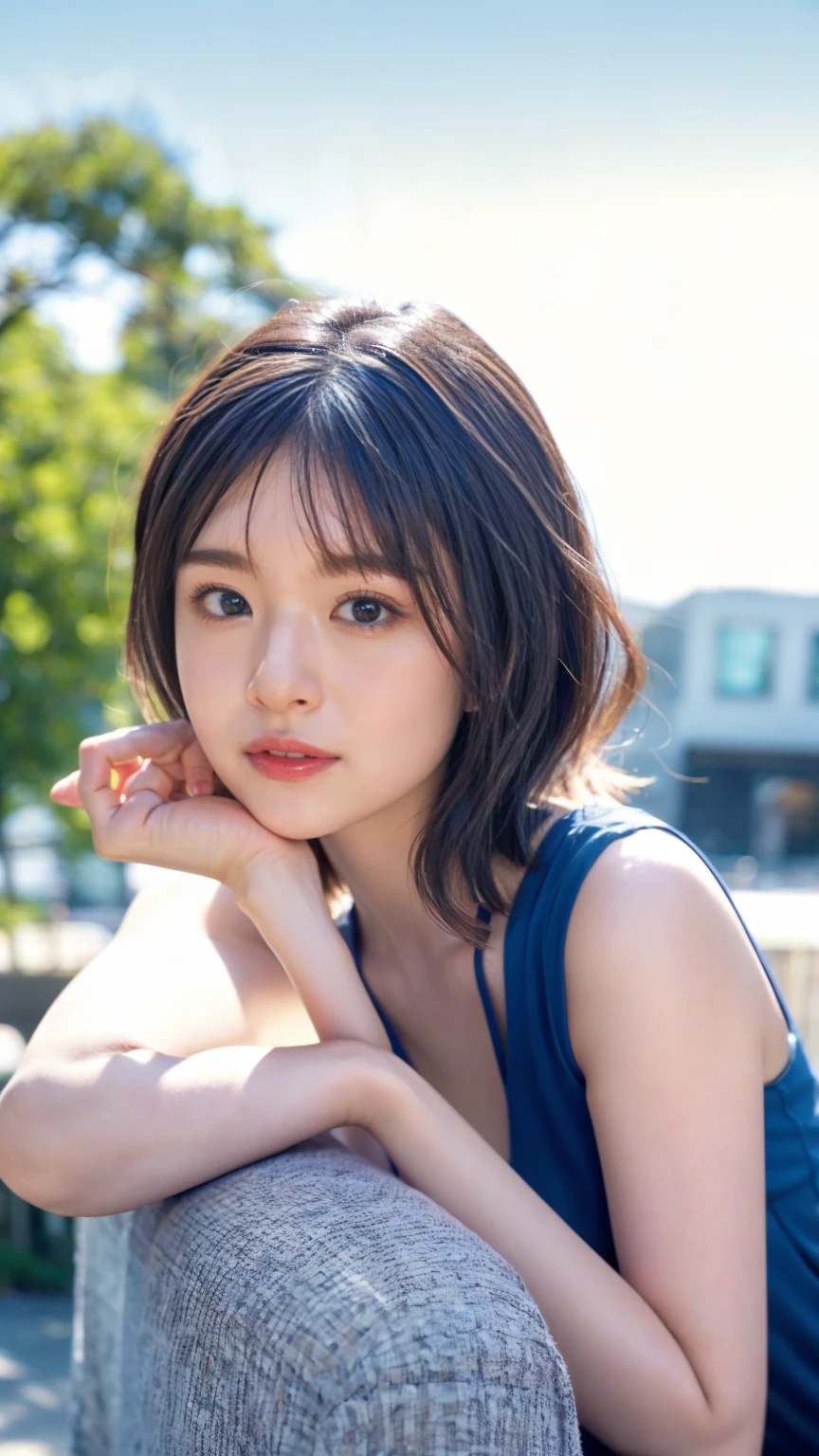 ((((Detailed explanation)))),(((masterpiece、Highest quality、Very detailed:1.42、Focus on the eyes)))、Female in her late s、Portraiture、Blurred cityscape at dusk、Silhouette of buildings and street lampedium length dark-brown hair、natural wavy curls、The wind is blowing softly、Some hair falls to the side of the face、Skin is smooth、Healthy olive color、The tan lines are faintly visible、Natural redness on the cheeks、I have a few small laugh lines on my forehead、Eyes with dark brown irises、The pupil is shining, Reflects light、Long curled eyelashes、Highlights the eyes、Eyebrows are thin and trimmed、Natural Arch、Small nose、straight、straight nose、lips are plump、soft pink lip gloss、Ultra-thin camisole、Barefoot and barefoot、A simple silver bracelet on her right wrist、A small diamond earring sparkles in her left ear..、The expression is calm、have confidence、smile、(((Emphasize the contrast between light and shadow)))、Realistic textures and facial details