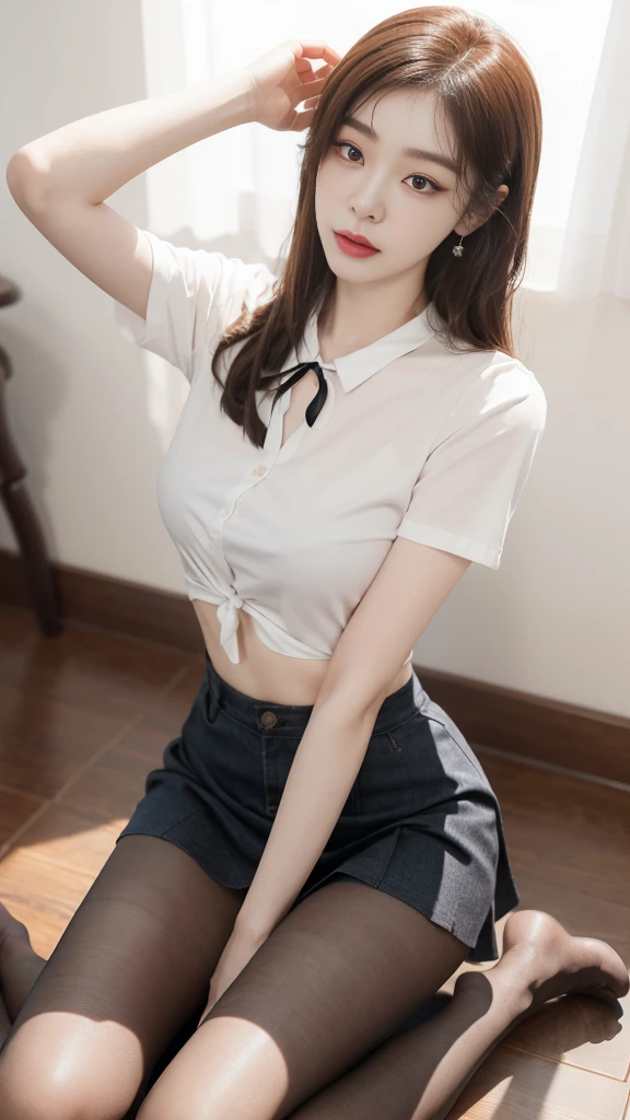 Korean 、summer shirt、Tight shirt、Ribbon Ties、skirt by the、schools、stairs at school、chest lifting pose、Emphasis on the chest、Slender and large、8K raw photos、A high resolution、18-year-old Korean、embarrassing looking、very large round breasts、Beautiful eyes finely detailed、long eyelasher、beautiful double eyelid、eye shadows、eyeline、slender eyes、Elongated eye shape、Sanpaku eyes、beautiful and thin legs、Beautiful slender thighs、Random Shorthair、Tie your hair behind your head、耳Nipple Ring、Light brown hair、(Wear pantyhose)、Hold your knee, short hair, fishnet stocking