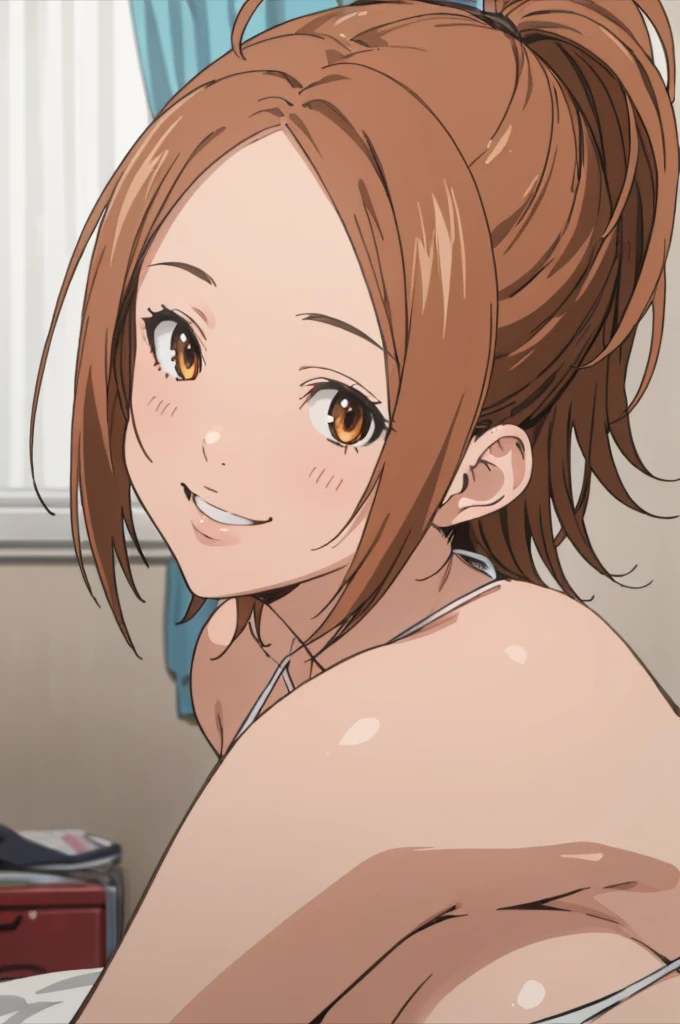 miyoshi kaya, light brown hair, high ponytail, huge breasts, orange eyes, parted bangs, forehead,
(best quality, masterpiece, RAW photo,ultra-detailed:1.2), 1girl,solo,looking at viewer,smile ,bikini,my room