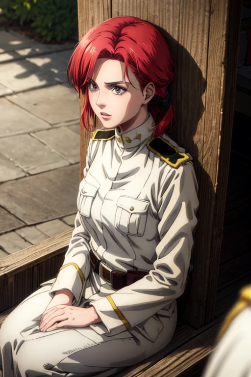 30 year old woman, channel red hair, gold eyes, neutral expression, White military uniform, liberia, Marley