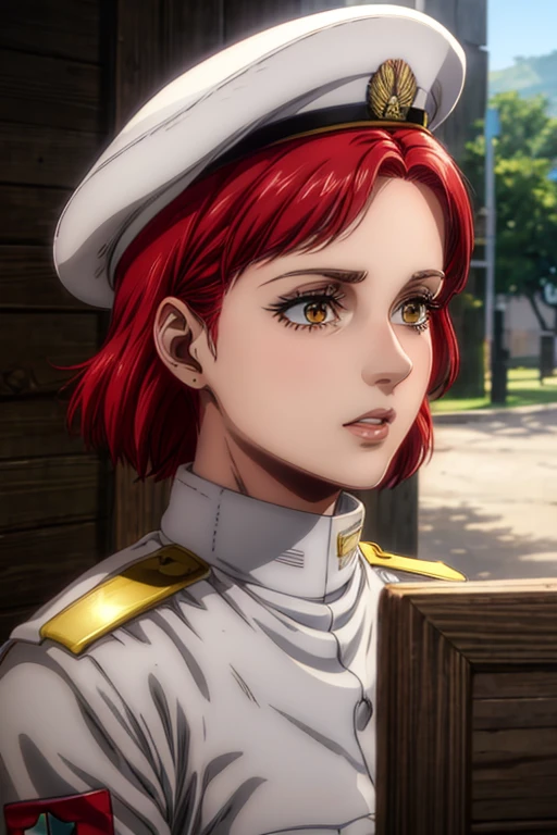 30 year old woman, channel red hair, gold eyes, neutral expression, White military uniform, liberia, Marley