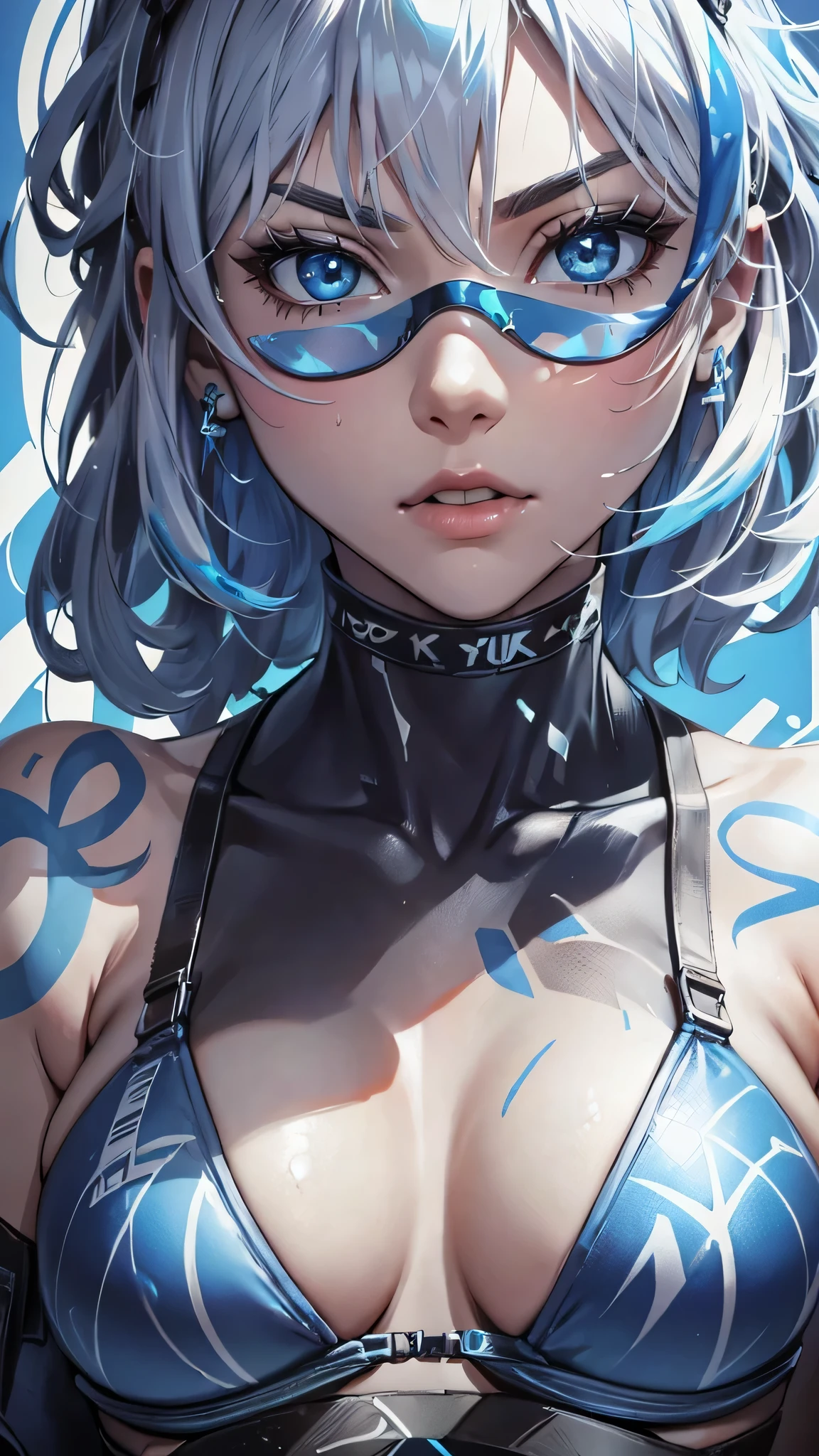 最high quality、Best image quality、masterpiece、With a girl((cute、20-year-old、Best Bust、Medium Bust、Bust 85,Beautiful Blue Eyes、Spread your chest wide,Short silver hair、Slender、The best valley、、Blue Bikini、,Show the whole body、Black perforated gloves,Blue Mesh,Tired face、Leaning forward greatly、Blue Sports Sunglasses、Blue Intercom,Sweating profusely、))high quality、Beautiful art、background((White wall、graffiti、paint、Spray can)),Tabletop、Exquisite design、Visual Arts、Depth of written boundary、Best lighting、Highest detail、8k