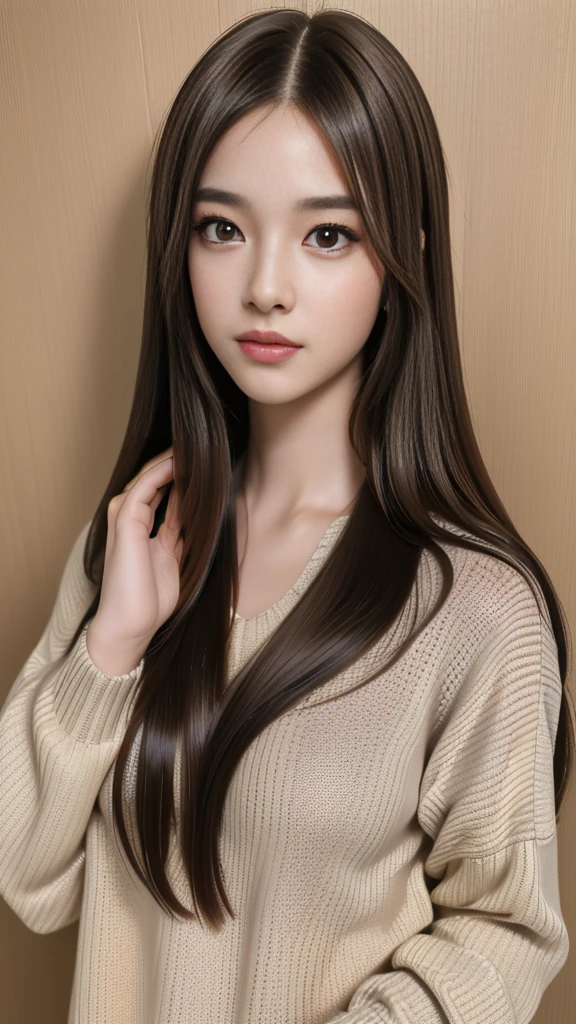 (masterpiece: 1.3), (8K, Realistic, RAW Photos, Highest quality: 1.4), (One girl), Beautiful Face, (Realistic Face), (Long Hair: 1.3), Beautiful hairstyle, Realistic eyes, Beautiful brown eyes, Beautiful details in the eyes, (Realistic Skin), Beautiful Skin, (sweater), Absurd, Charm, 超High resolution, Ultra-realistic, High resolution, Golden Ratio、Big Breasts
