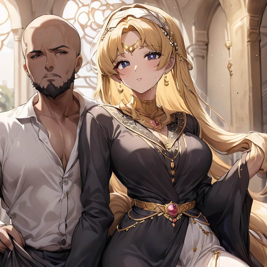 A woman is being raped by a man、((Highest quality)), ((masterpiece)), (detailed), (Perfect Face)、The woman is a Muslim Egyptian Tiara with bright brown skin, wearing a gorgeous and glittering garabiya, a gorgeous hijab, gorgeous jeweled accessories and an engagement ring in the streets of Egypt.、The woman was an elegant Egyptian Muslim with green eyes, medium blonde hair and a gorgeous, glittering garabeya and a gorgeous hijab.、(The woman is a dark-skinned Egyptian named Tiara.)