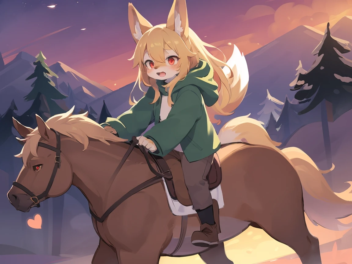 the fox, , was hairy, shaggy, skin fur, smooth lashes, golden fur, forelimb hands, straight long blonde hair, solid circle eyes, golden ears, golden fur, golden facial fur, shiny hair, red eyes, heart-shaped eyes, super cute face, 1fox tail, fluffy tail, furry tail, glowing eyes, green coat green hood down, brown trousers, riding young horse, open mouth, pain, embarrassed, ambient light, ultra-fine fur, dashed eyes, full body, masterpiece, high quality, high-details, best quality, (((solo))), twilight, sun light, red sky, rim light