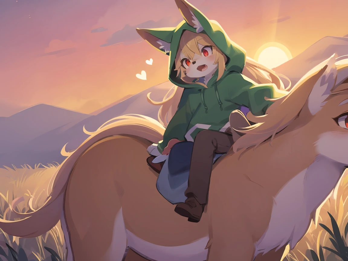  the fox, , was hairy, shaggy, skin fur, smooth lashes, golden fur, forelimb hands, straight long blonde hair, solid circle eyes, golden ears, golden fur, golden facial fur, shiny hair, red eyes,  heart-shaped eyes, super cute face, 1fox tail, fluffy tail, furry tail, glowing eyes, green coat green hood down, brown trousers, riding young horse, open mouth, pain, embarrassed, ambient light, ultra-fine fur, dashed eyes, full body, masterpiece, high quality, high-details, best quality,  (((solo))), twilight, sun light, red sky, rim light