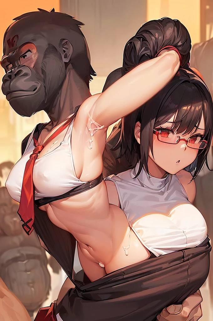 masterpiece, best quality,anime style, 1 girl,(((slender body))), (((small breast))),(((hot pants, white tanktop,red tie,glasses))),(((((a gorilla man grabbing the girl))))), ((((restrained, arms behind back)))),((((cum)))), (beautiful face), (((short hair))), (((straight hair))), ((((black hair)))),detailed beautiful skin, (perfect hands, perfect anatomy)