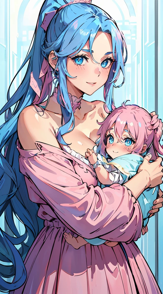 handsome older WOMAN，blue-eyes，blue pupils，Long pink hair，Hyperresolution，accuracy，Detailed rendering，（Subtle facial image）（Image of fine hair）（topquality）（Masterpieces of masters）（High degree of completeness）（A sense of atmosphere）tmasterpiece，Super detailed and super detailed（half-body portrait), long wavy pink hair, (((tHICK WAVY HAIR)))(((ANKLE LENGTH HAIR)))(((Blushing)))(((Huge breasts)))(((LARGER BREASTS))) large breasts, bigger breasts (((Bigger breasts))) (((Blushing))) (((Sakimichan))) (((Pink hair)))(((Focused))) (((Hair in a long ponytail))) (((Ponytail))) (((elf ears))) (((Smiling)))(((Queen with baby)))(((Mother holding baby))) (((Holding baby)))(((Baby has green eyes and blue hair)))(((Queen)))