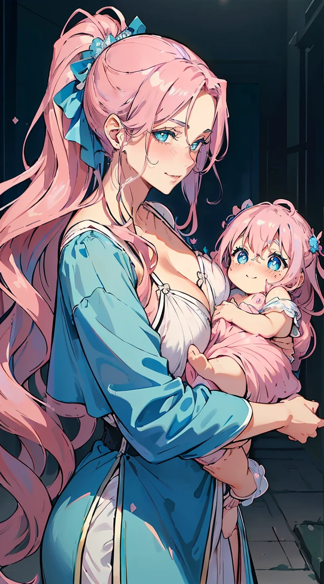 handsome older WOMAN,blue-eyes,blue pupils,Long pink hair,Hyperresolution,accuracy,Detailed rendering,(Subtle facial image)(Image of fine hair)(topquality)(Masterpieces of masters)(High degree of completeness)(A sense of atmosphere)tmasterpiece,Super detailed and super detailed(half-body portrait), long wavy pink hair, (((tHICK WAVY HAIR)))(((ANKLE LENGTH HAIR)))(((Blushing)))(((Huge breasts)))(((LARGER BREASTS))) large breasts, bigger breasts (((Bigger breasts))) (((Blushing))) (((Sakimichan))) (((Pink hair)))(((Focused))) (((Hair in a long ponytail))) (((Ponytail))) (((elf ears))) (((Smiling)))(((Queen with baby)))(((Mother holding baby with green eyes))) (((Holding baby)))(((Baby has green eyes and blue hair)))