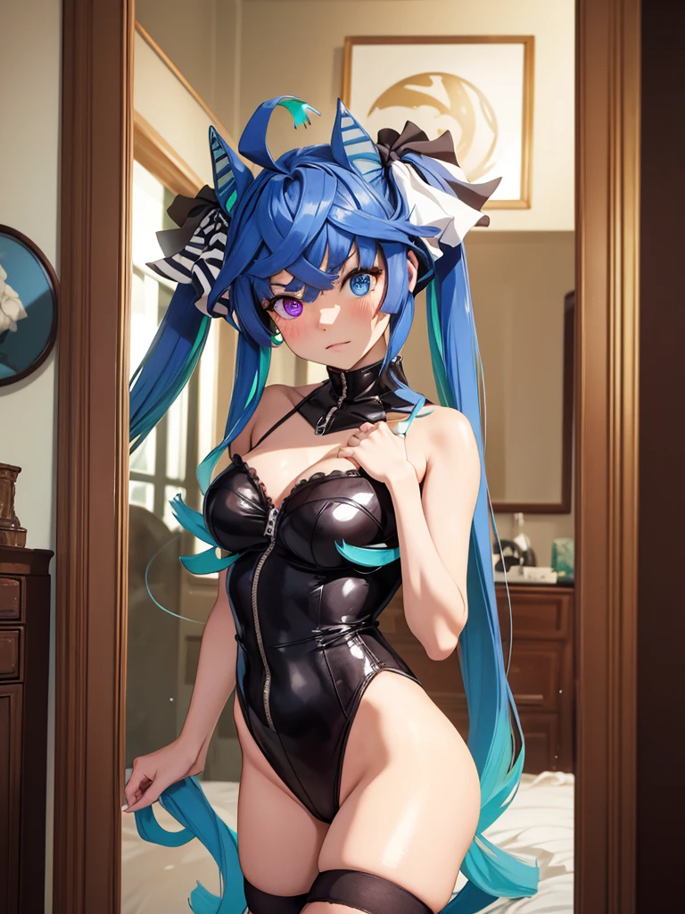 (masterpiece、top-quality、hight resolution), In a private room of a young woman living alone, she decides to try on a stripper-like outfit. She gathers the daring costume and finally wears it, striking a pose in front of a mirror. The outfit is extremely revealing, teasingly covering just enough to remain decent, making her blush with embarrassment. The room is cozy and personal, filled with everyday items that contrast with the provocative outfit. The woman's expression is a mix of shyness and curiosity, her cheeks flushed red. The atmosphere is intimate, capturing the playful yet awkward moment of trying something new and bold. nsfw, Twin_Turbo_Umamusume, aqua hair, twintails, heterochromia, purple eyes, blue eyes, sharp teeth,