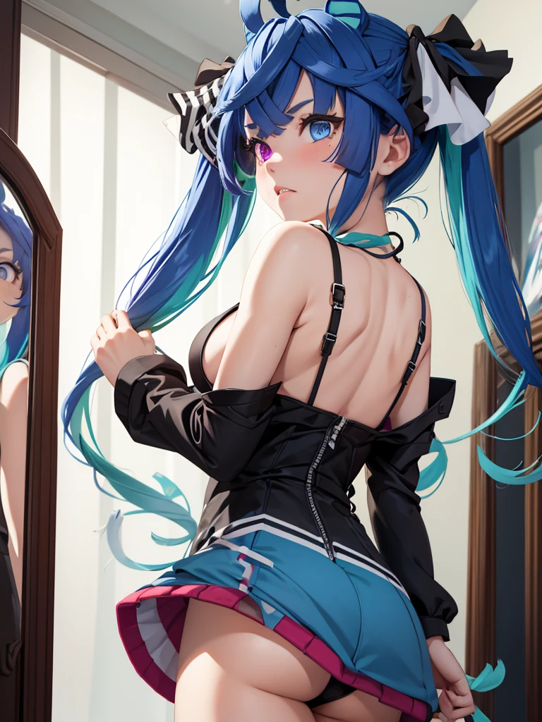 (masterpiece、top-quality、hight resolution), In a private room of a young woman living alone, she decides to try on a stripper-like outfit. She gathers the daring costume and finally wears it, striking a pose in front of a mirror. The outfit is extremely revealing, teasingly covering just enough to remain decent, making her blush with embarrassment. The room is cozy and personal, filled with everyday items that contrast with the provocative outfit. The woman's expression is a mix of shyness and curiosity, her cheeks flushed red. The atmosphere is intimate, capturing the playful yet awkward moment of trying something new and bold. nsfw, Twin_Turbo_Umamusume, aqua hair, twintails, heterochromia, purple eyes, blue eyes, sharp teeth,