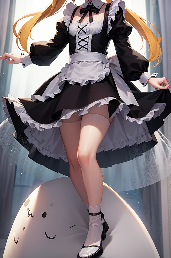 ((Maid)),Frills,Cute little ,Tiny ,Small girl,,Childish face, Very fine clean face,Top quality,Straight Hair,Yellow hair,(Dark Room), Subtle light, Natural light,Soft lighting,Light from directly behind,(Open your hands), (Are standing),Front view,Black background