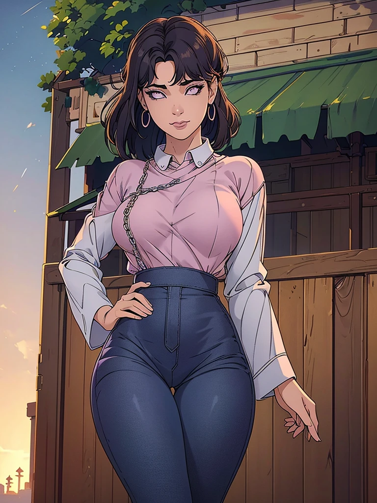 Just one girl,Best quality, 4k, high resolution, body stuck dress, perfect smile, gorgeous, white skin, ahegao face(hentai face) , brown hair, wearing light purple bodystuck outfit, Wearing a pink t-shirt with a long-sleeved plain shirt underneath, topped off by a dull dress that resembles an unappealing tablecloth,wearing loose dark blue pants,1 girl, solo, seductive look, elegance and charm, (masterpiece, best quality, high resolution), looking at the viewer, standing, (intricate and beautiful:1.2), (detailed light:1.2), (soft light, side light), (high resolution textures) , holding leash in hand(chain leash), outdoor, Burmese girl, wearing gorgeous jewelary, wearing harness over the outfit ,outdoor background, sun light, attractive, sexy, mature and hot, young,(masterpiece:1.3), (disorganized:1.3), (highest quality:1.3), perfect anatomy, detailed face, front view, perfect right hands, looking at viewer, (Super detailed:1.3), (best shadow:0.7), (treated hair), fine eyes, beautiful eyes, young aged woman, alone, standing, crystal earrings,closed_mouth, , outdoors,Thick thighs, arrogant face, small 