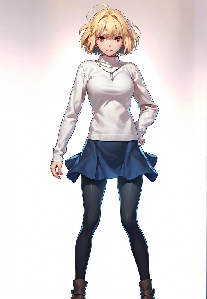 (masterpiece, best quality, 8k, highly detailed, highres, ultra-detailed, perfect eyes), 1girl, solo, arcueid, blonde hair, short hair, red eyes, sweater, white sweater, necklace, pleated skirt, blue skirt, leggings, (black leggings:1.2), boots, brown boots, dakimakura (medium)