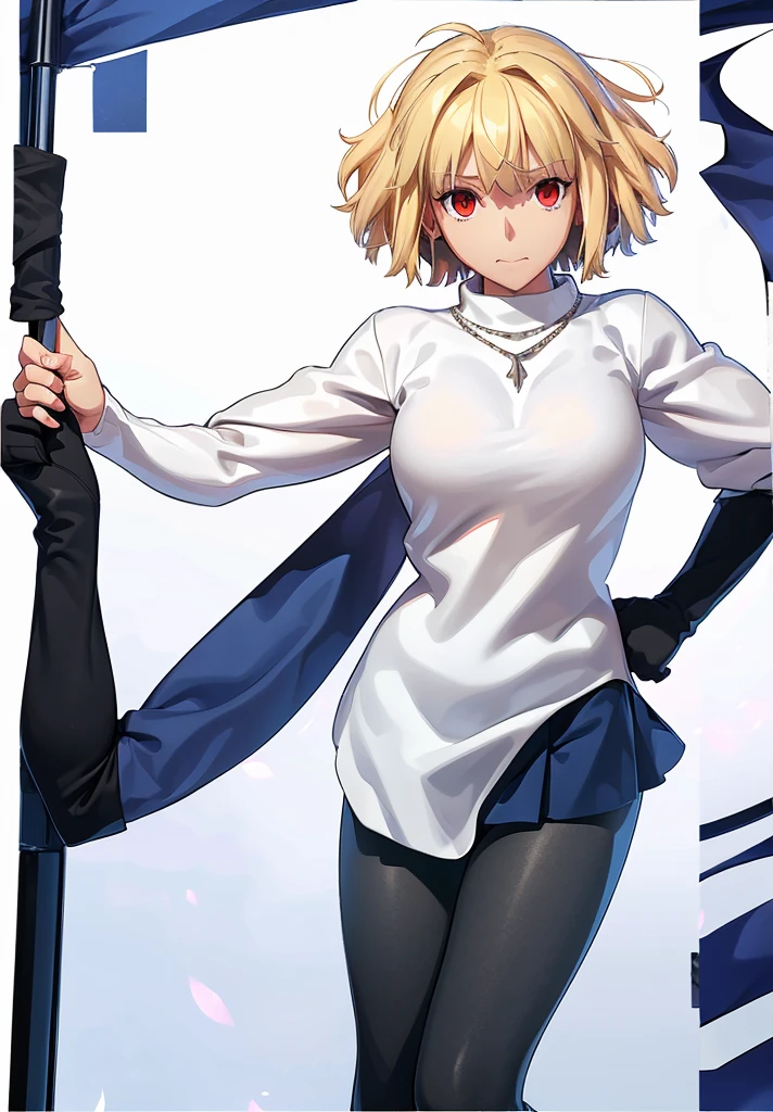 (masterpiece, best quality, 8k, highly detailed, highres, ultra-detailed, perfect eyes), 1girl, solo, arcueid, blonde hair, short hair, red eyes, sweater, white sweater, necklace, pleated skirt, blue skirt, leggings, (black leggings:1.2), boots, brown boots, dakimakura (medium)