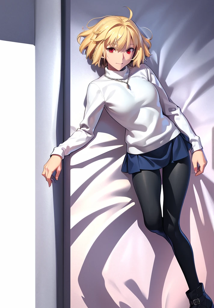 (masterpiece, best quality, 8k, highly detailed, highres, ultra-detailed, perfect eyes), 1girl, solo, arcueid, blonde hair, short hair, red eyes, sweater, white sweater, necklace, pleated skirt, blue skirt, leggings, (black leggings:1.2), boots, brown boots, dakimakura (medium)