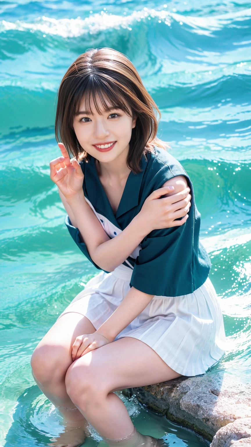 (((sunny day、Japanese 、Beach、A strong wind is blowing、Her hair and skirt are flying、Crouch down, Scooping up seawater and spreading your hands、Traditional navy blue sailor uniform、White blouse、Pleated skirt、Scooping seawater with hands:1.25、splash、Splashing water on each other、smile、Laughter、Sandy Beach、Light of the sun、clear blue sea、The waves crash quietly、Blue sky and white clouds、green mountain々、Beautiful Nature、The joys of youth)))、(((Top-down configuration:1.33)))、(((8K、Highest quality、masterpiece、Ultra-high resolution)))、(Realistic:1.4)、RAW Photos、(Real skin texture:1.3)、(Film Grain:1.3)、((No underwear、Bend one leg))、One Girl、Beautiful and detailed eyes and face、barefoot、