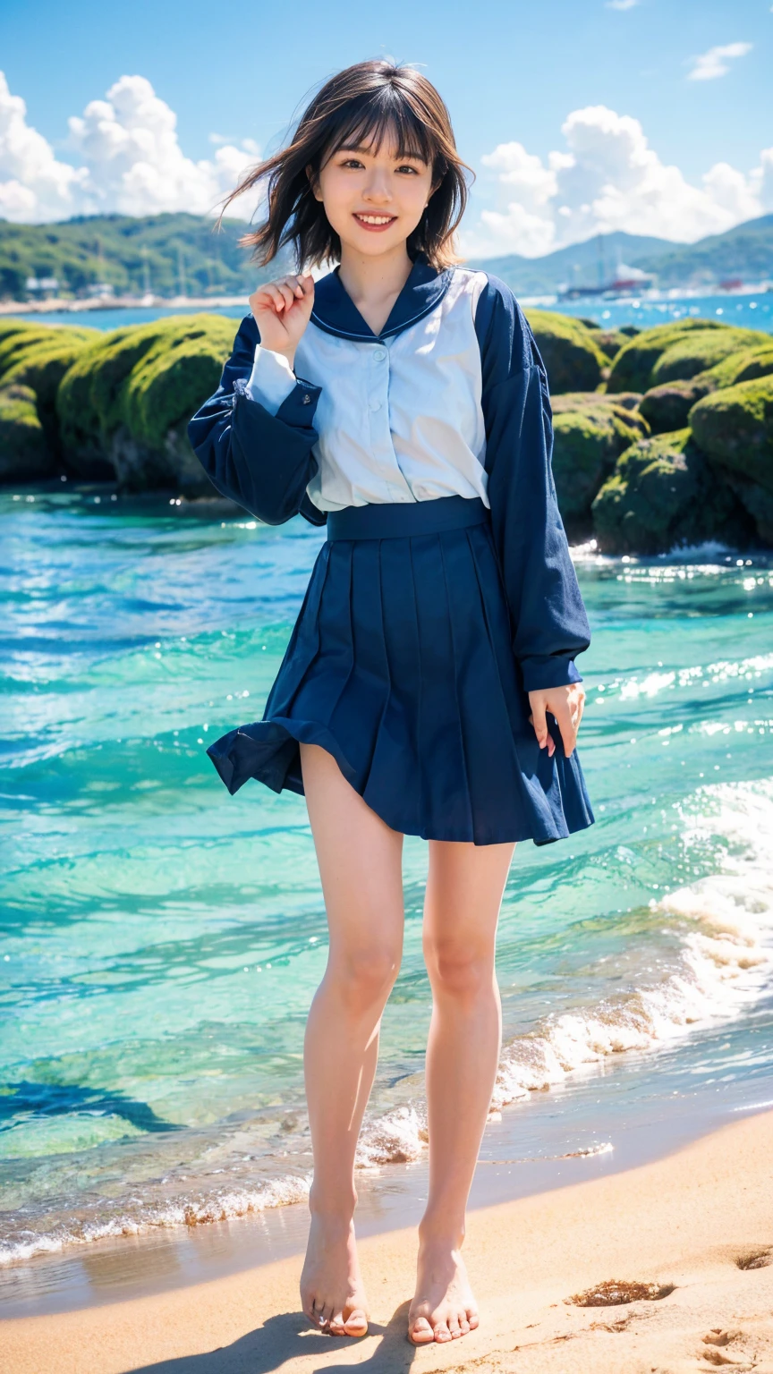 (((sunny day、Japanese 、Beach、A strong wind is blowing、Her hair and skirt are flying、Crouch down, Scooping up seawater and spreading your hands、Traditional navy blue sailor uniform、White blouse、Pleated skirt、Scooping seawater with hands:1.25、splash、Splashing water on each other、smile、Laughter、Sandy Beach、Light of the sun、clear blue sea、The waves crash quietly、Blue sky and white clouds、green mountain々、Beautiful Nature、The joys of youth)))、(((Top-down configuration:1.33)))、(((8K、Highest quality、masterpiece、Ultra-high resolution)))、(Realistic:1.4)、RAW Photos、(Real skin texture:1.3)、(Film Grain:1.3)、((No underwear、Bend one leg))、One Girl、Beautiful and detailed eyes and face、barefoot、