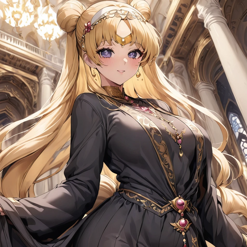((Highest quality)), ((masterpiece)), (detailed), (Perfect Face)、Women must wear black hijabs and niqabs、The woman is Tsukino Usagi, a devout Muslim., Arab with bright brown skin, In an Islamic prayer hall、She wears a gorgeous black abaya with gold embroidery.。, A gorgeous black hijab and niqab tightly covers her head, Gorgeous hair ornament, Gorgeous jewellery and engagement rings. The woman and the man are in a luxurious palace, And the woman、Wearing Arab national dress、In an Islamic prayer hall with a dignified bearded middle-aged Arab Muslim man。.、The woman is the elegant Tsukino Usagi, Her long blonde hair was tied in twin tails, Black abaya and、She is wearing a gorgeous, skin-tight black hijab and niqab.. She is a devout Muslim Arab with vibrant brown skin.。.、(The woman was named Tsukino Usagi.、He is a dark-skinned Arab and a devout Muslim.。.)