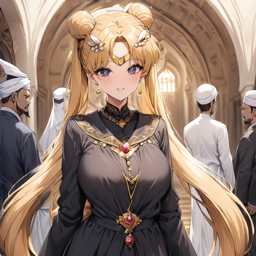 ((Highest quality)), ((masterpiece)), (detailed), （Perfect Face）、The woman is Tsukino Usagi, an Arab and devout Muslim with vivid brown skin, and is in a luxurious Islamic mansion wearing a gorgeous black abaya with gold embroidery, a gorgeous black hijab tightly covering her head, a gorgeous hair ornament, gorgeous jeweled accessories and an engagement ring. The woman and the man are in a luxurious palace, and the woman is embracing a dignified, bearded, middle-aged Arab Muslim man wearing Arab national dress.、The woman is the elegant Tsukino Usagi, with long blonde hair in a chignon twin tail, wearing a black abaya and a gorgeous black hijab tightly covering her body. She is a devout Muslim, bright brown-skinned Arab woman.、（The woman is a dark-skinned, Arab, devout Muslim named Tsukino Usagi.）、The man is a Muslim, dignified, strong-looking, bearded, middle-aged Arab man wearing traditional Arab clothing.