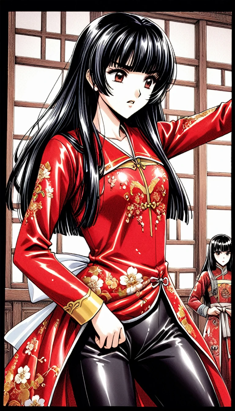 A tragic historical drama in 8k live-action style: Beautiful palace secrets　Beautiful  Chinese Kung Fu girl Hime with short black hair is forced to wear excrement pants　Gorgeous embroidery, Ultra glossy, She is wearing a shiny red top and bottom long sleeve floral pajama kung fu suit....　　　