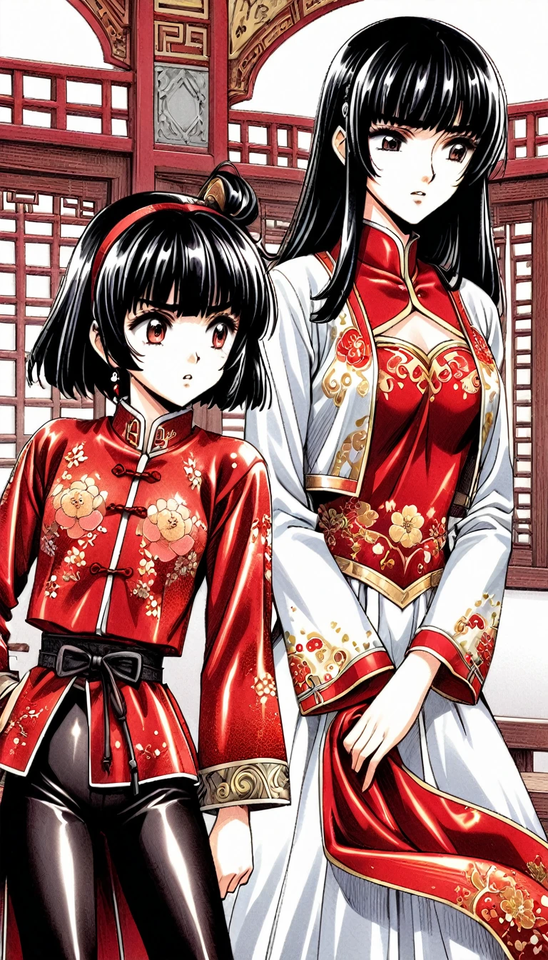 A tragic historical drama in 8k live-action style: Beautiful palace secrets　Beautiful 10 year old Chinese Kung Fu girl Hime with short black hair is forced to wear excrement pants　Gorgeous embroidery, Ultra glossy, She is wearing a shiny red top and bottom long sleeve floral pajama kung fu suit....　　　