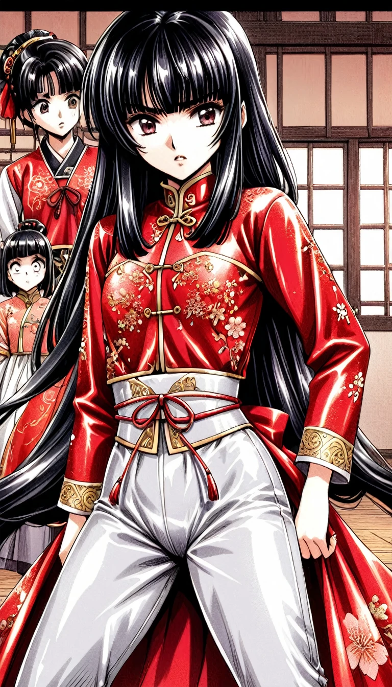 A tragic historical drama in 8k live-action style: Beautiful palace secrets　Beautiful 10 year old Chinese Kung Fu girl Hime with short black hair is forced to wear excrement pants　Gorgeous embroidery, Ultra glossy, She is wearing a shiny red top and bottom long sleeve floral pajama kung fu suit....　　　