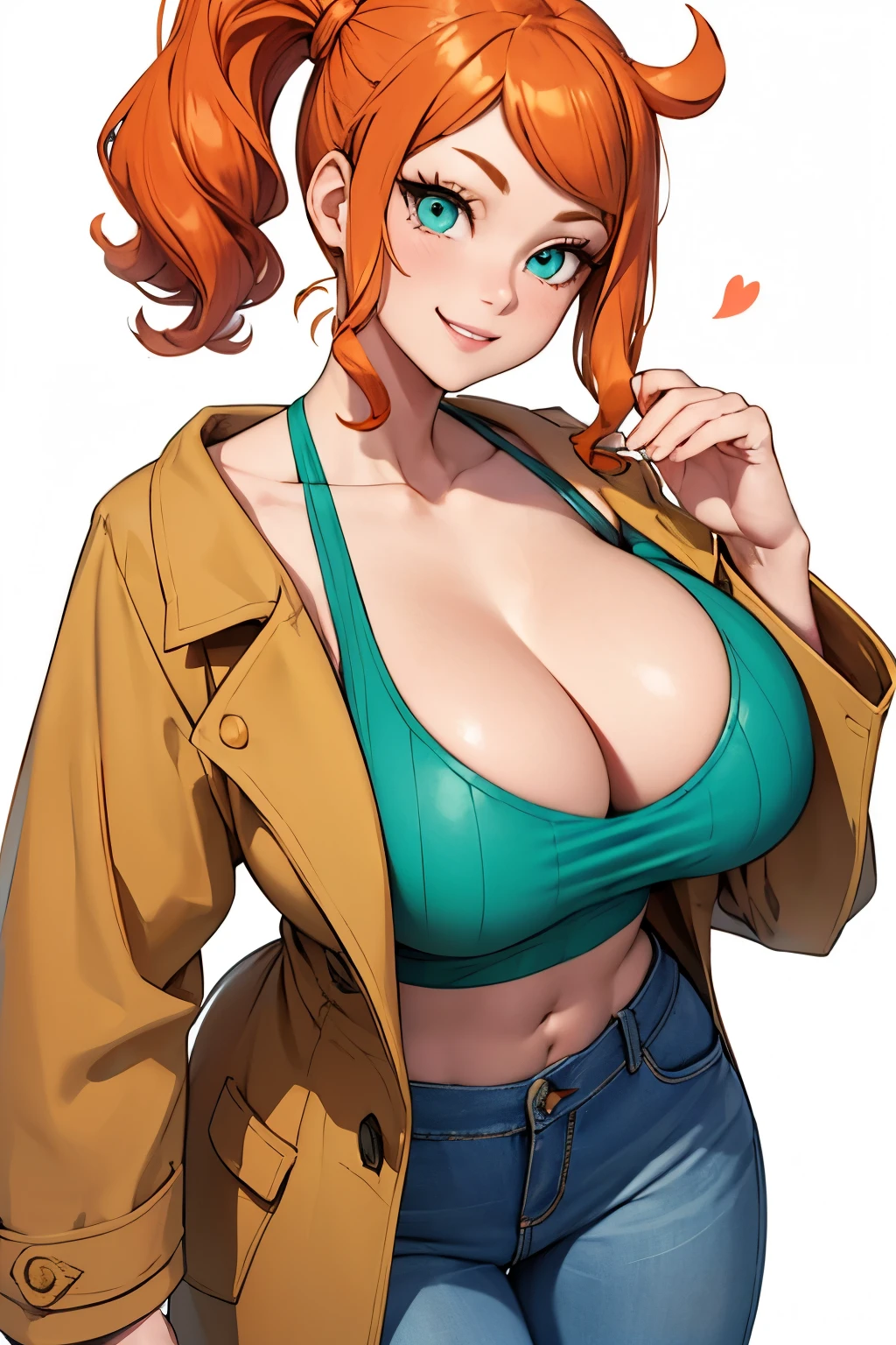 sonia, side ponytail, cowboy shot, 1girl, collarbone, green top, green_croptop, aqua eyes, orange hair, heart hair ornament, looking at viewer,, smile, solo, long hair, brown coat, white background, light smile, cleavage, jeans,