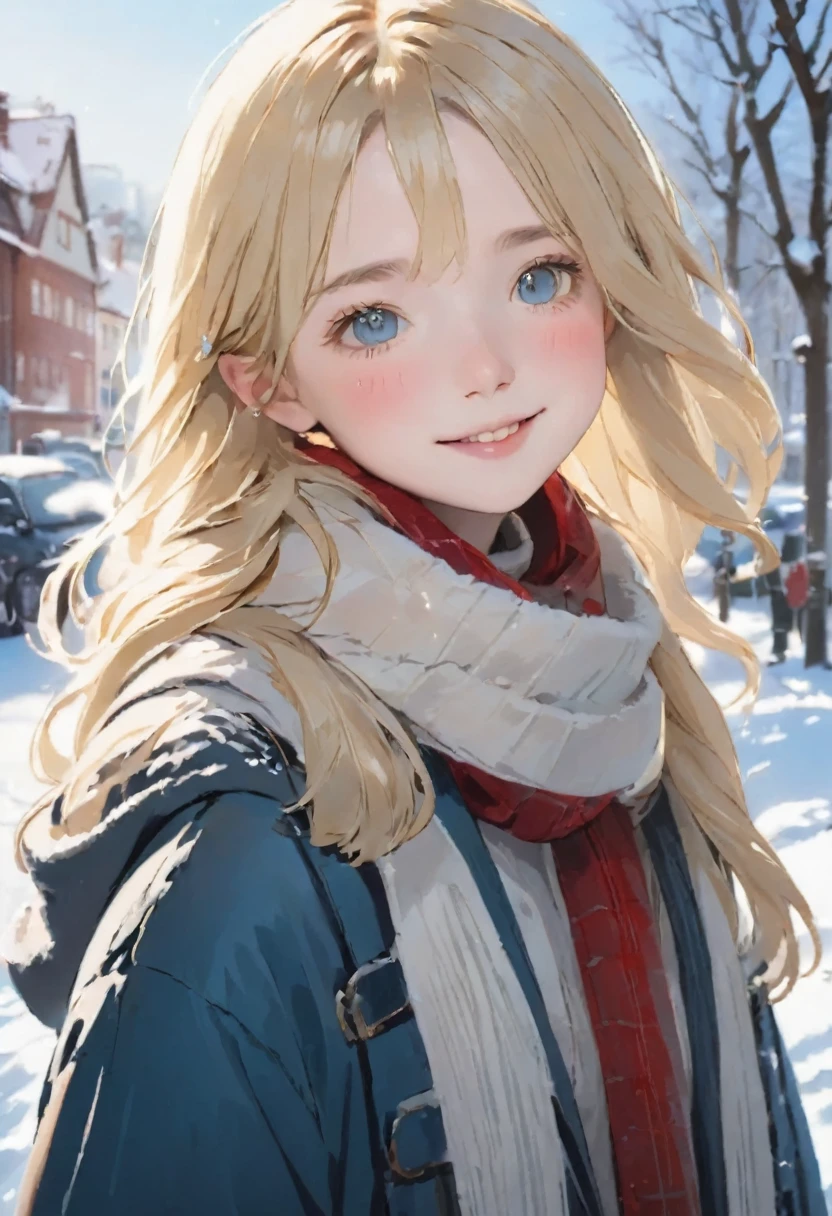 RAW Photos、Realistic、Highest quality、masterpiece、14 years old、Smiling girl in a duffle coat and 、Oversized duffle coat、Big scarf、((soft blonde hair:1.3))、cold morning、Red cheeks、I breathe、The world is about minus 5 degrees Celsius、Sparkling diamond dust、On the way to school、Cute face、Highly detailed face and eyes