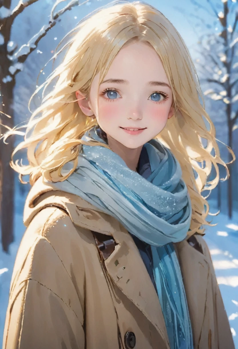 RAW Photos、Realistic、Highest quality、masterpiece、14 years old、Smiling girl in a duffle coat and 、Oversized duffle coat、Big scarf、((soft blonde hair:1.3))、cold morning、Red cheeks、I breathe、The world is about minus 5 degrees Celsius、Sparkling diamond dust、On the way to school、Cute face、Highly detailed face and eyes