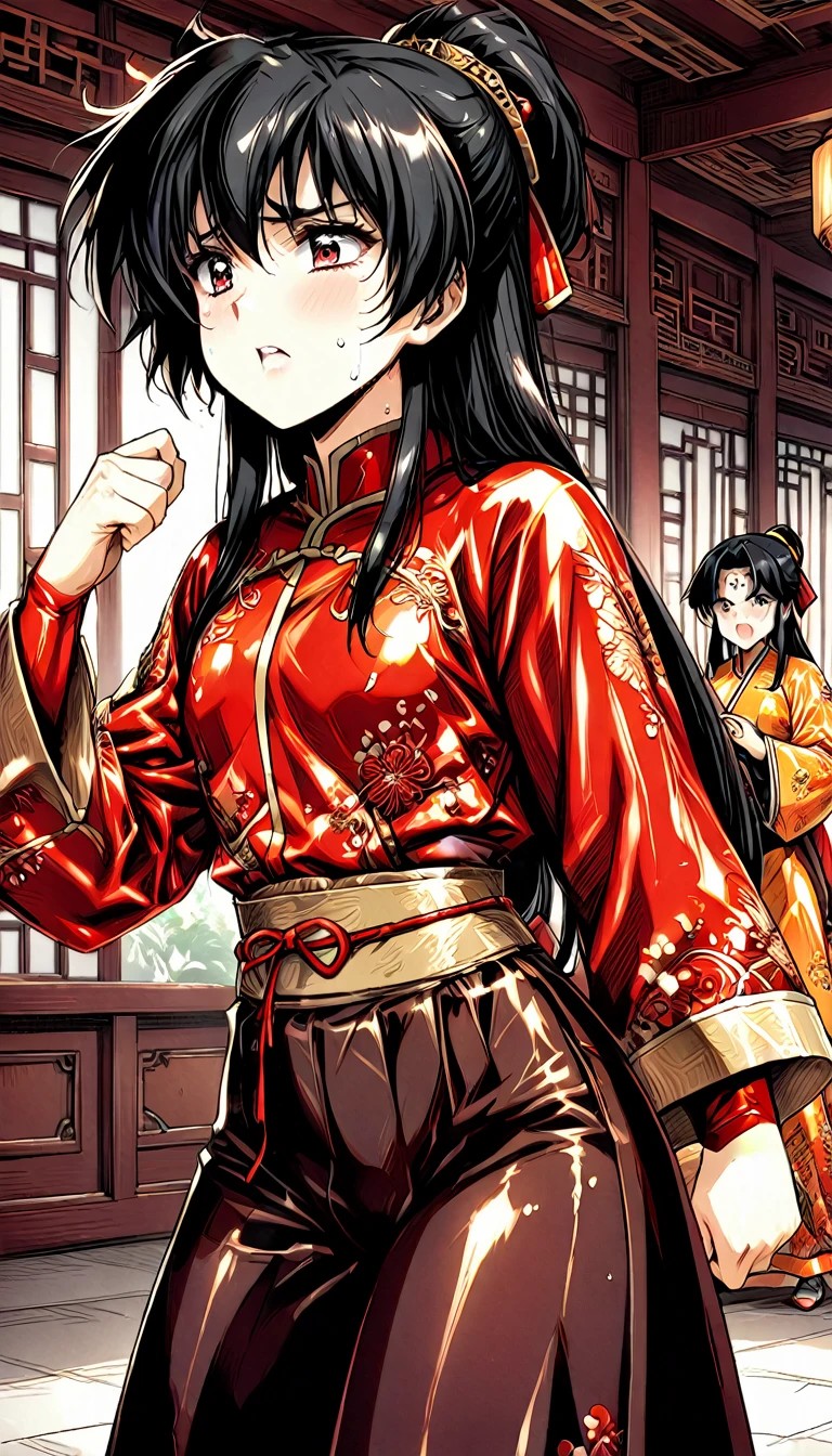 A tragic historical drama in 8k live-action style: Beautiful palace secrets　Beautiful 10 year old Chinese Kung Fu girl Hime with short black hair is forced to wear excrement pants　Gorgeous embroidery, Ultra glossy, She is wearing a shiny red top and bottom long sleeve floral pajama kung fu suit....　　　