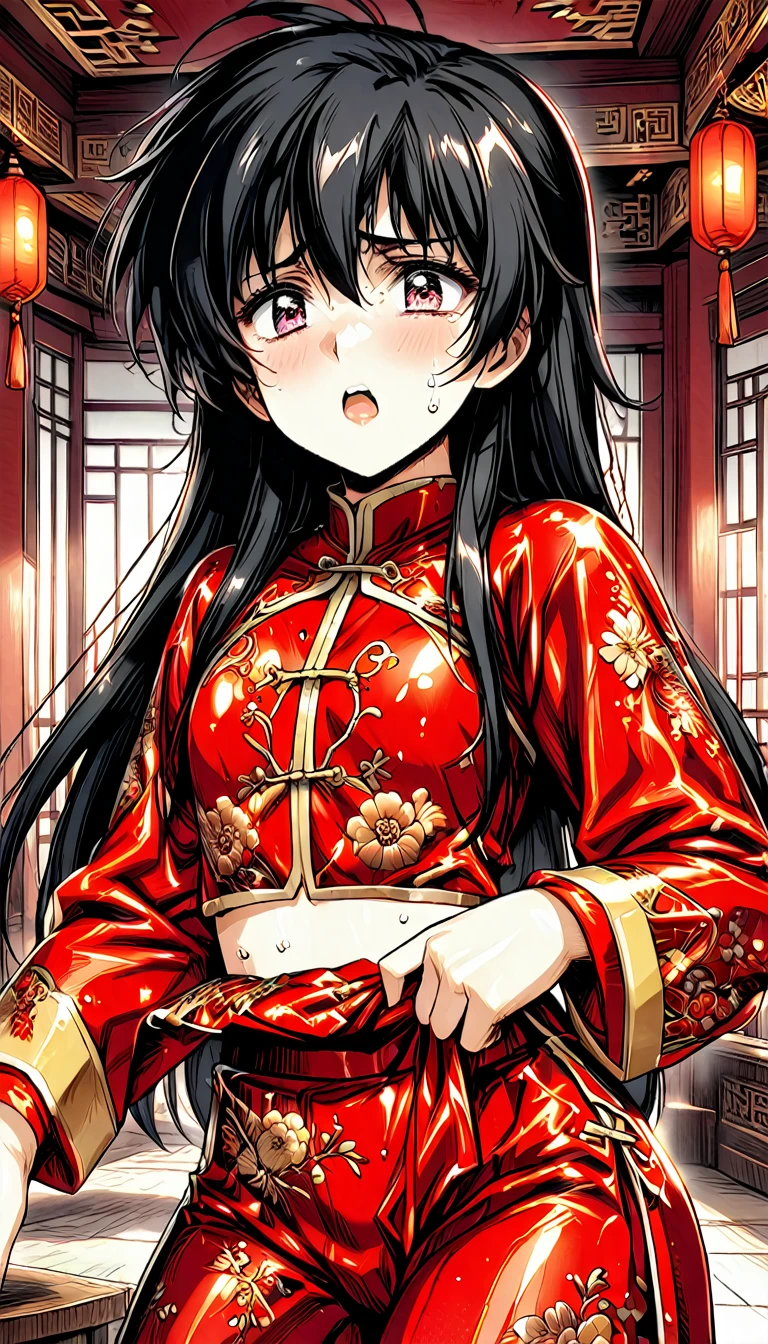 Beautiful  Chinese Kung Fu girl princess with long black hair　Gorgeous embroidery, Ultra glossy, She is wearing a shiny red long sleeve kung fu jacket....　　She becomes the victim of a lascivious ritual, her body bound to a gold futon, her pussy exposed and blushing.　She was laying eggs in great pain.　She is scared　She is wearing drawers