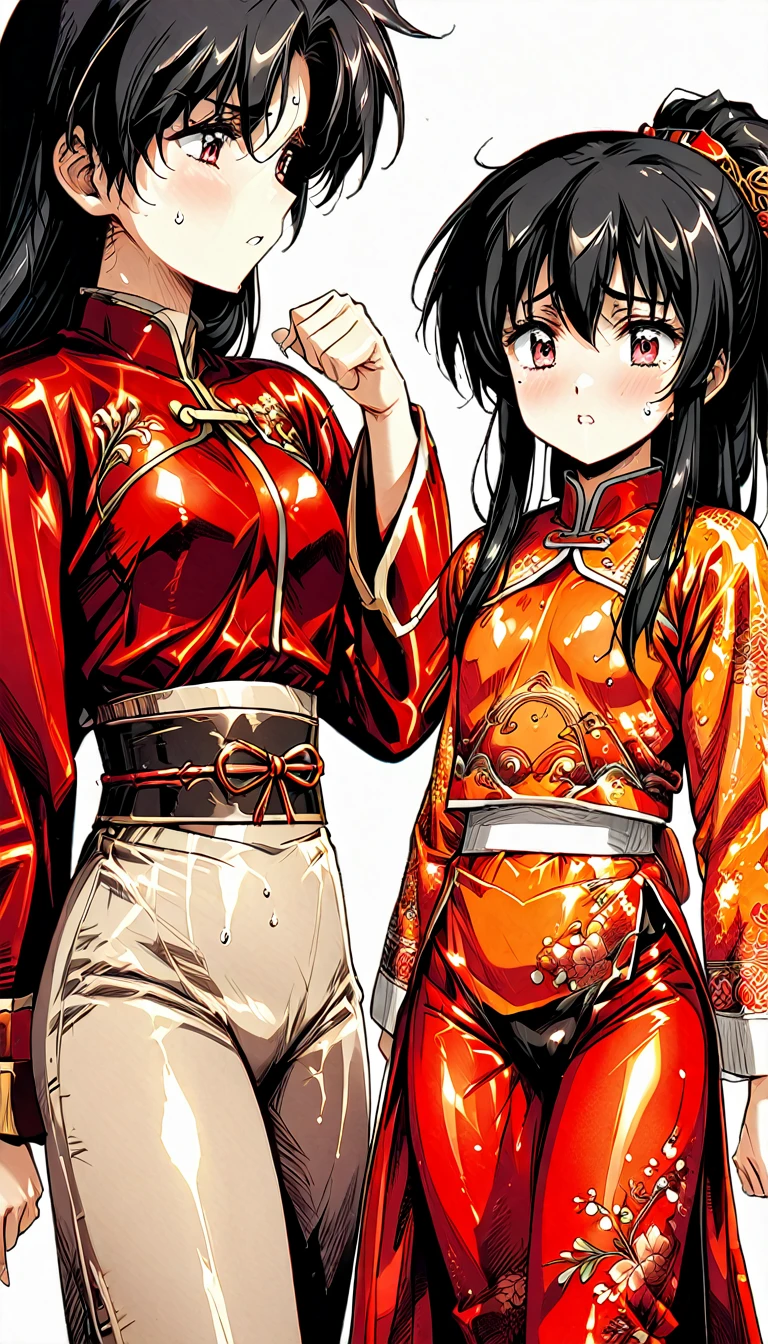 A tragic historical drama in 8k live-action style: Beautiful palace secrets　Beautiful  Chinese Kung Fu girl Hime with short black hair is forced to wear excrement pants　Gorgeous embroidery, Ultra glossy, She is wearing a shiny red top and bottom long sleeve floral pajama kung fu suit....　　　