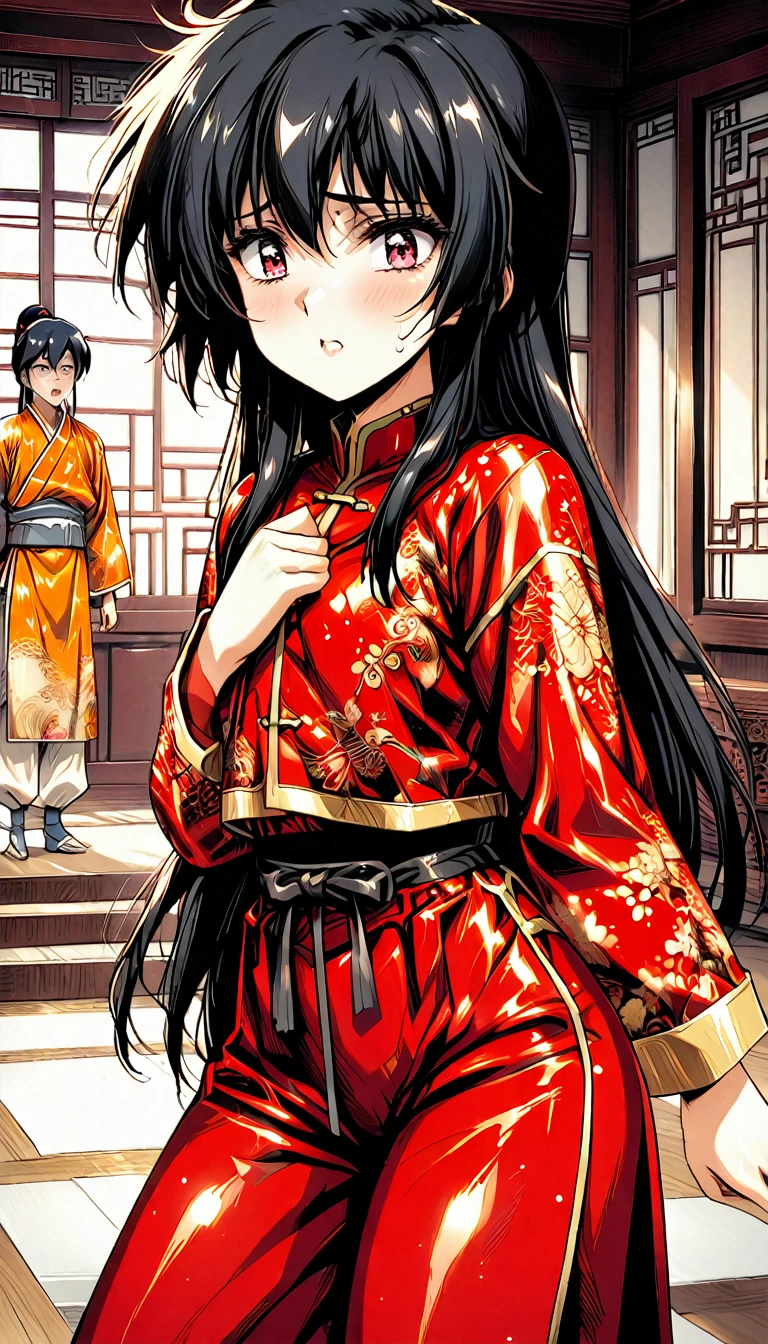 A tragic historical drama in 8k live-action style: Beautiful palace secrets　Beautiful  Chinese Kung Fu girl Hime with short black hair is forced to wear excrement pants　Gorgeous embroidery, Ultra glossy, She is wearing a shiny red top and bottom long sleeve floral pajama kung fu suit....　　　