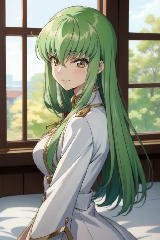 cc_codegeass, hair between eyes, green hair, very long hair, white suit, white gloves, bedroom, window, best quality, masterpiece, smile, anime,