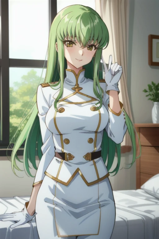 cc_codegeass, hair between eyes, green hair, very long hair, white suit, white gloves, bedroom, window, best quality, masterpiece, smile, anime, 