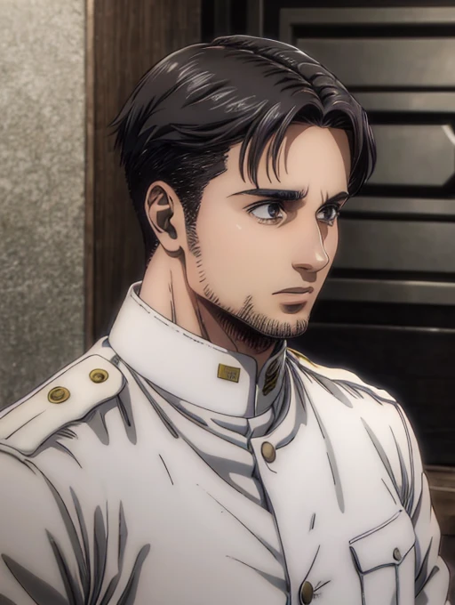 35 years old man, military hair, gray eyes, White military uniform, quartel general