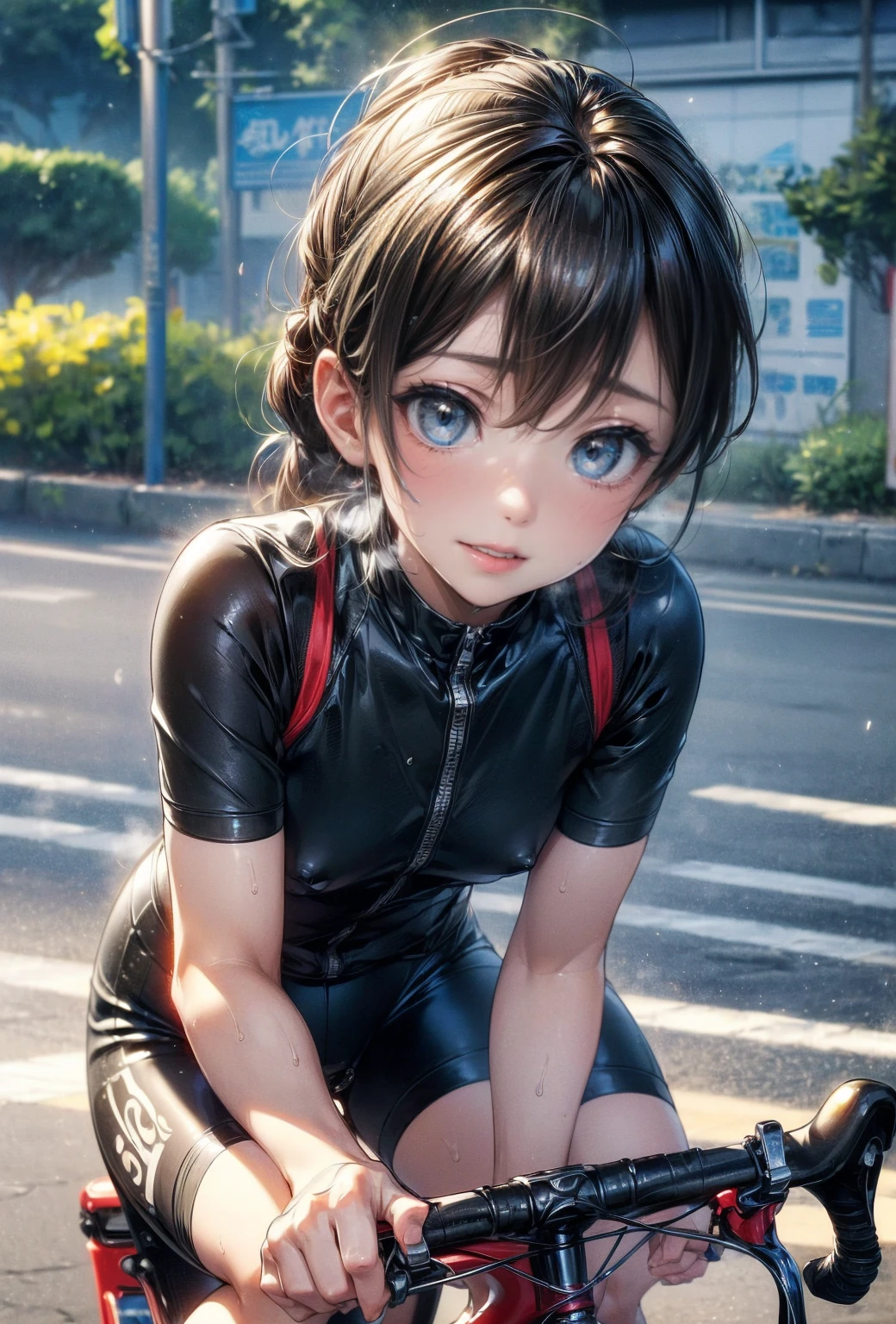 NSFW、Highest quality、(Road bike)、((ride a bicycle))、Smiling at the viewer、Beautiful Eyes、Beautiful Face、Delicate eyes、((Sweatで透けたスポーツウェア))、Sweat、refreshing plateau、、