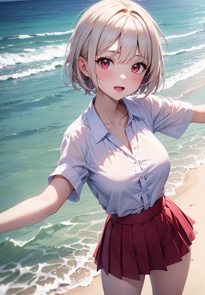 masterpiece,best quality,Arcueid,red eyes,short hair,1 girl,solo,skirt,breasts,looking at viewer,open mouth,white blouse,blue skirt,blouse,outdoor blouse,short blouse,big breasts,pleated skirt ,miniskirt,:d,day,beach,sand,sun,blush,