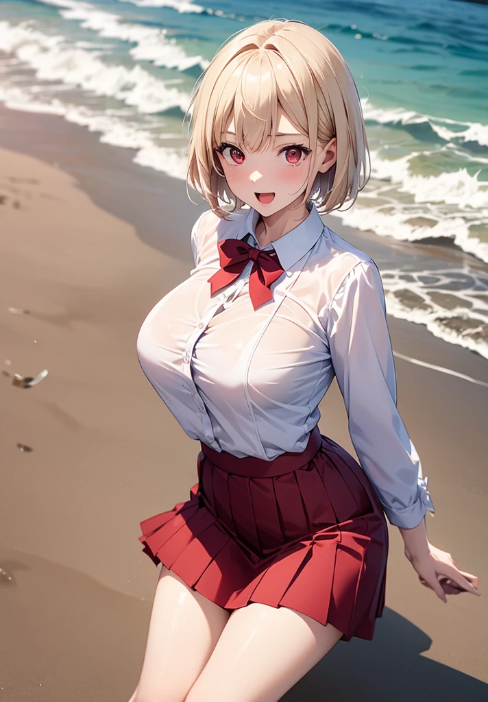 masterpiece,best quality,Arcueid,red eyes,short hair,1 girl,solo,skirt,breasts,looking at viewer,open mouth,white blouse,blue skirt,blouse,outdoor blouse,short blouse,big breasts,pleated skirt ,miniskirt,:d,day,beach,sand,sun,blush,