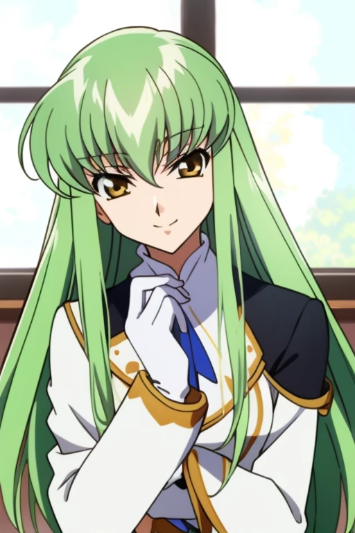 cc_codegeass, hair between eyes, green hair, very long hair, white suit, white gloves, bedroom, window, best quality, masterpiece, smile, anime, 