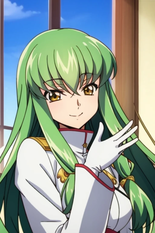 cc_codegeass, hair between eyes, green hair, very long hair, white suit, white gloves, bedroom, window, best quality, masterpiece, smile, anime, 