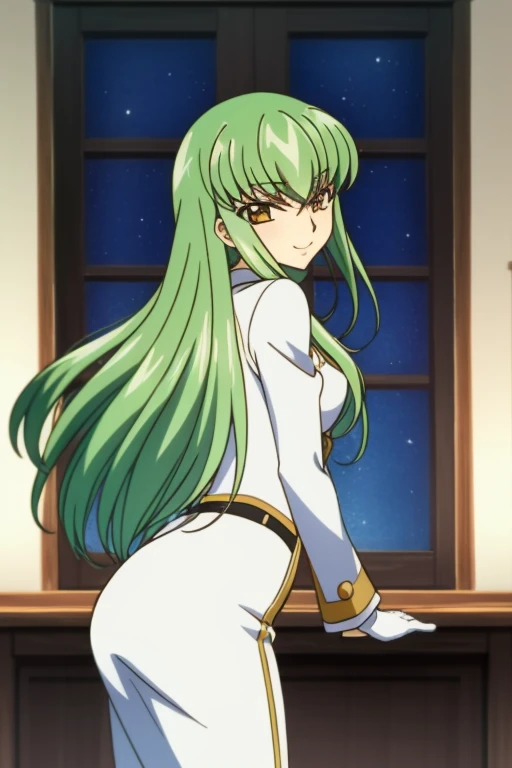 cc_codegeass, hair between eyes, green hair, very long hair, white suit, white gloves, bedroom, window, best quality, masterpiece, smile, anime, 