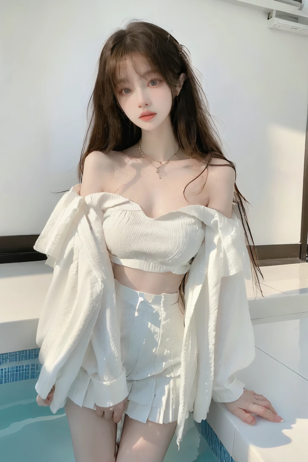 Beautiful woman with perfect body:1.4,Layered Hairstyle,Highly detailed face and skin textures,Double eyelids,Skin Whitening,Long hair,Whitened long legs,(Tube Top,necklace),Stand in the sunset,Half-length photo